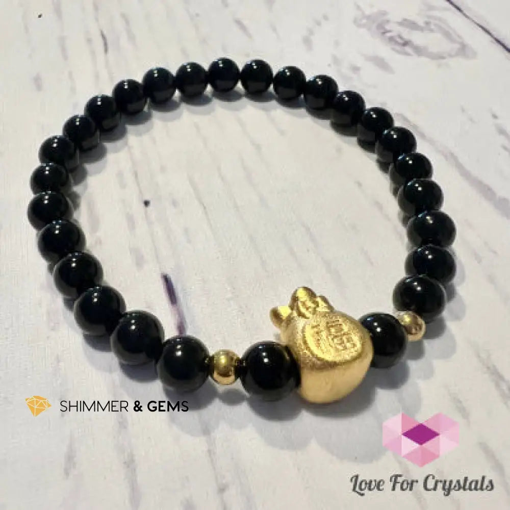 Black Tourmaline Money Bag Bracelet (6mm) 24K Gold Filled Brass 6.5” Bracelets