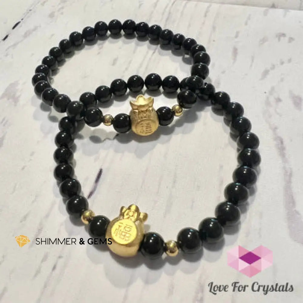 Black Tourmaline Money Bag Bracelet (6mm) 24K Gold Filled Brass Bracelets