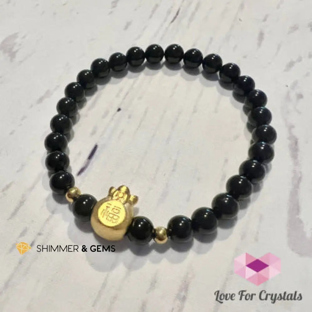 Black Tourmaline Money Bag Bracelet (6mm) 24K Gold Filled Brass Bracelets