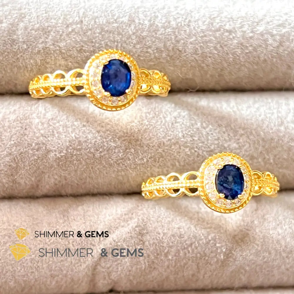 Blue Sapphire 925 Silver Rings With Zircon (Gold Plating) Adjustable Size