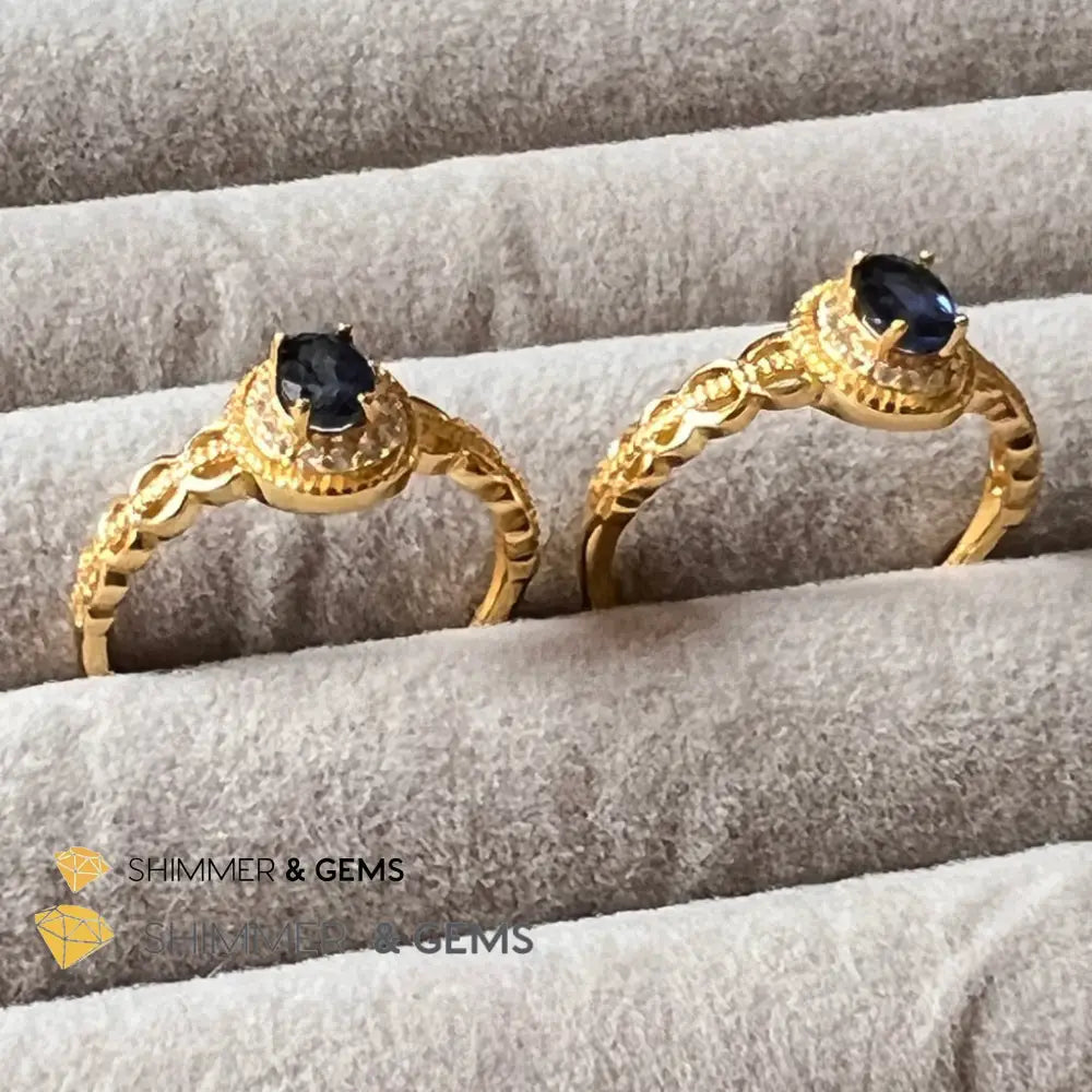 Blue Sapphire 925 Silver Rings With Zircon (Gold Plating) Adjustable Size