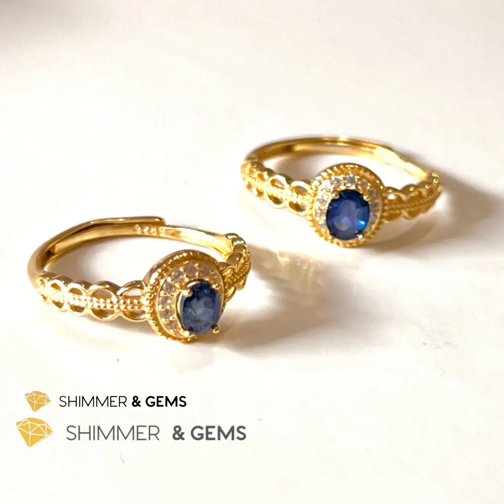 Blue Sapphire 925 Silver Rings With Zircon (Gold Plating) Adjustable Size