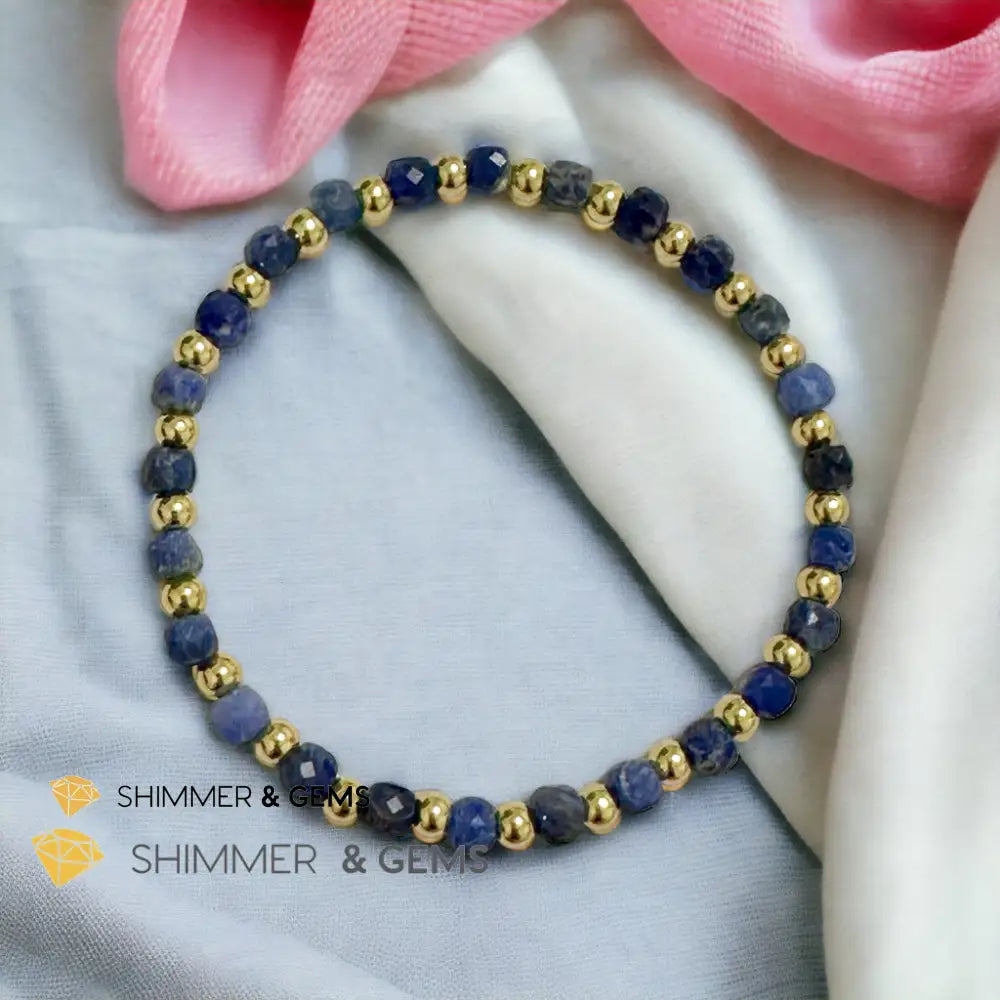 Blue Sodalite Cube (4mm) Bracelet with Stainless Steel Beads 6” Bracelets