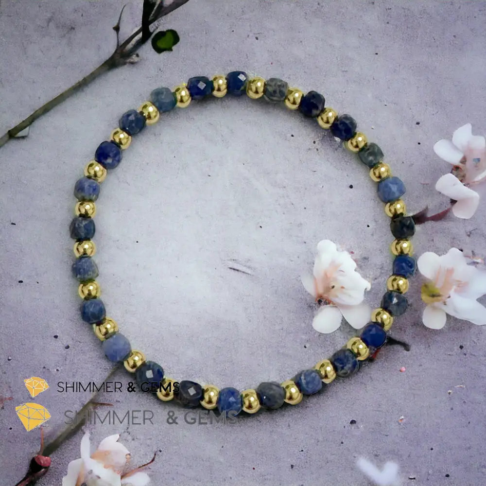 Blue Sodalite Cube (4mm) Bracelet with Stainless Steel Beads Bracelets
