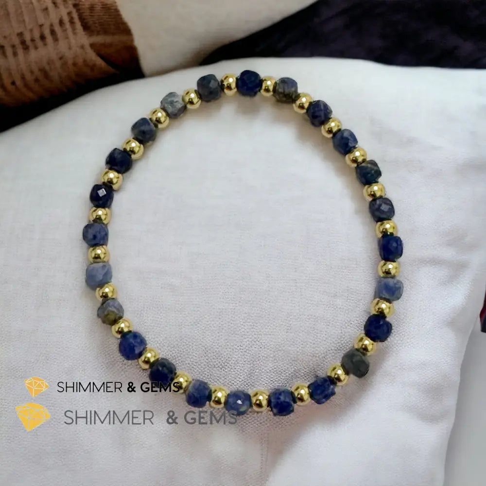 Blue Sodalite Cube (4mm) Bracelet with Stainless Steel Beads Bracelets
