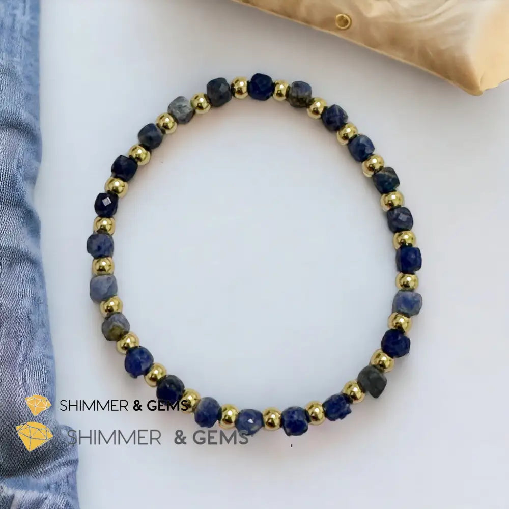 Blue Sodalite Cube (4mm) Bracelet with Stainless Steel Beads Bracelets