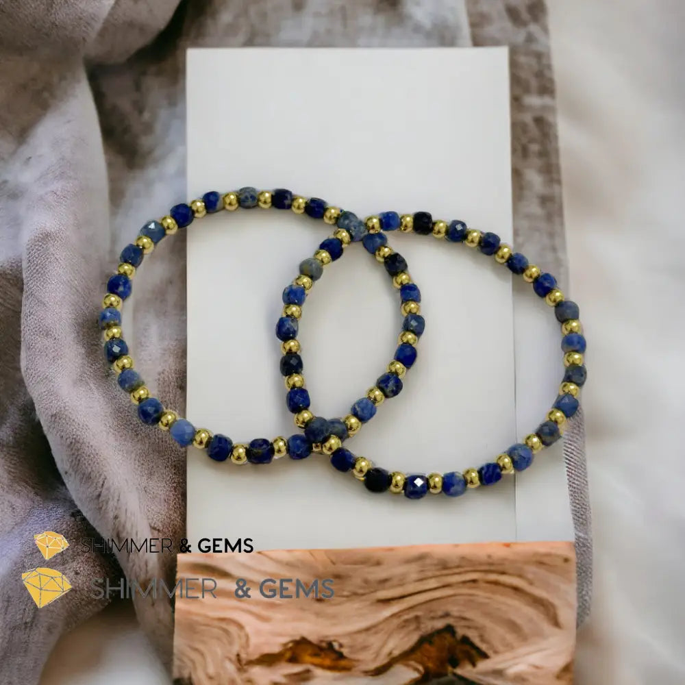Blue Sodalite Cube (4mm) Bracelet with Stainless Steel Beads Bracelets