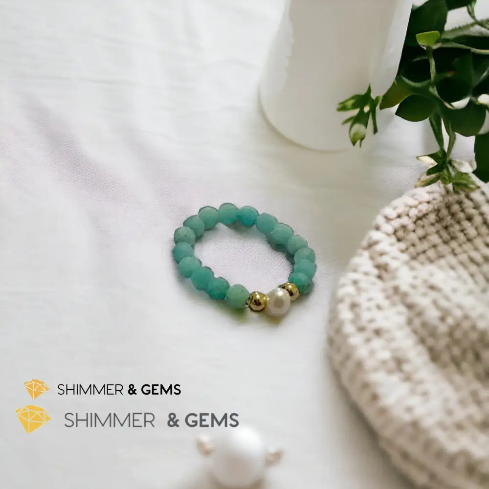 Brazil Amazonite 3mm Beads Ring with Pearl US6 Rings