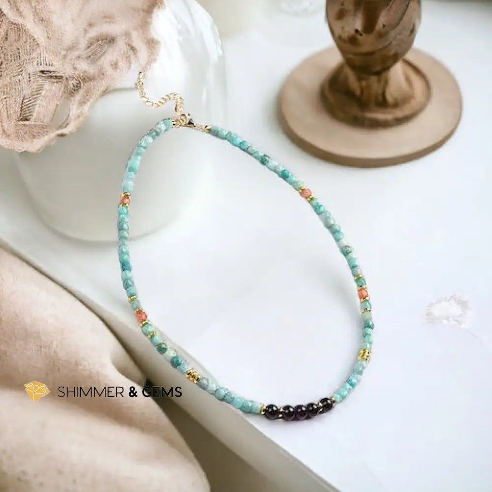 Brazil Amazonite Sunstone Cubes & Round Garnet Necklace with Stainless Steel Beads & Clasp Adjustable Size Necklaces
