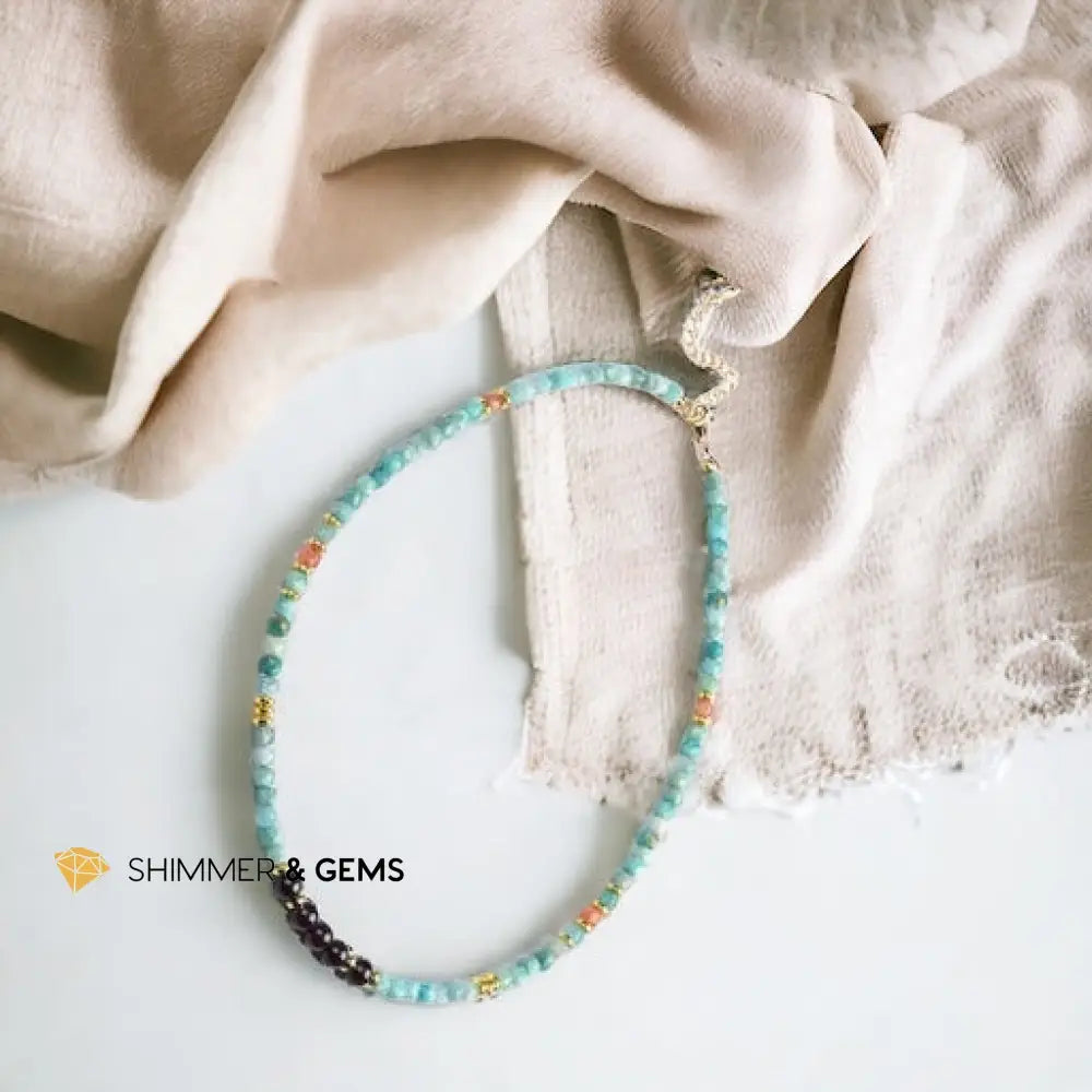 Brazil Amazonite Sunstone Cubes & Round Garnet Necklace with Stainless Steel Beads & Clasp Adjustable Size Necklaces