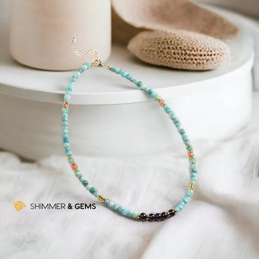 Brazil Amazonite Sunstone Cubes & Round Garnet Necklace with Stainless Steel Beads & Clasp Adjustable Size Necklaces