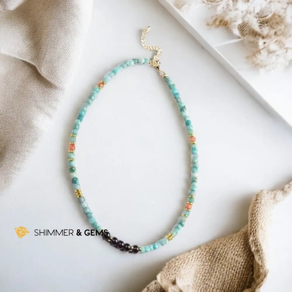 Brazil Amazonite Sunstone Cubes & Round Garnet Necklace with Stainless Steel Beads & Clasp Adjustable Size Necklaces
