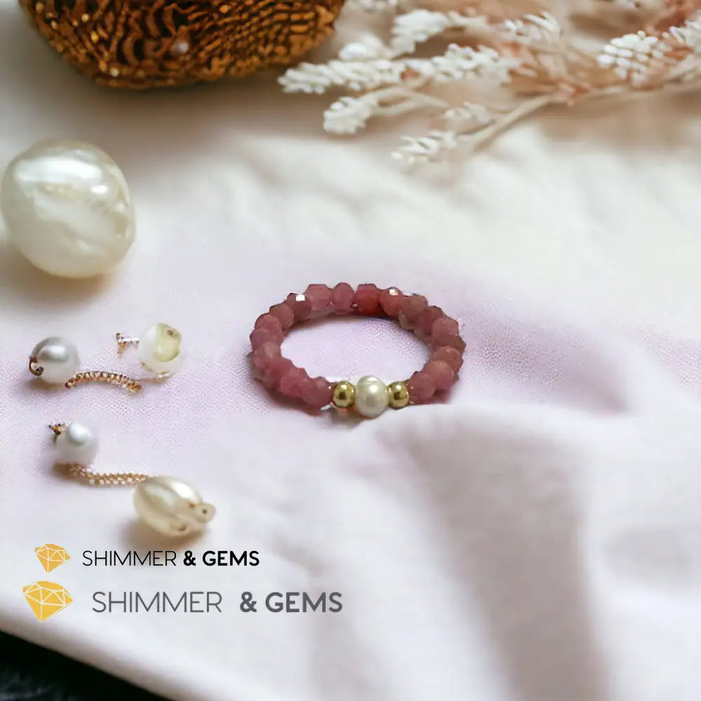 Brazil Rhodonite 3mm Beads Ring with Pearl Rings