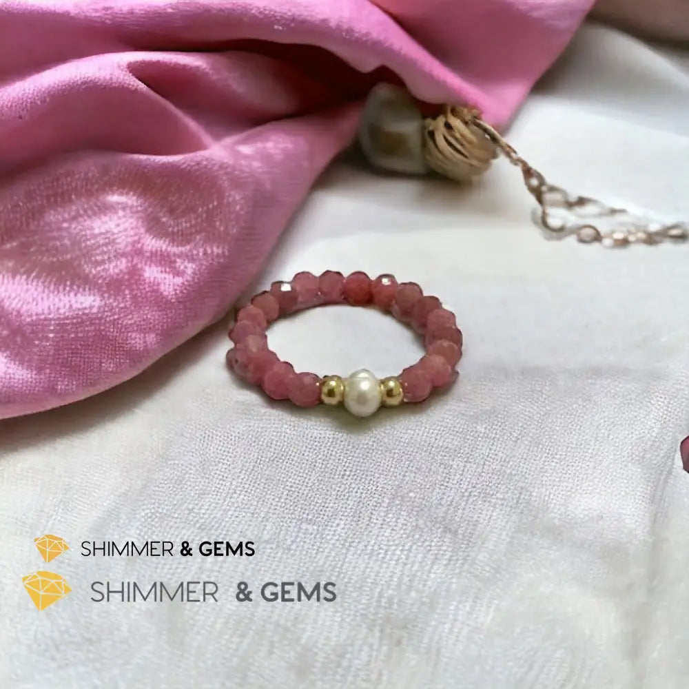 Brazil Rhodonite 3mm Beads Ring with Pearl US6 Rings