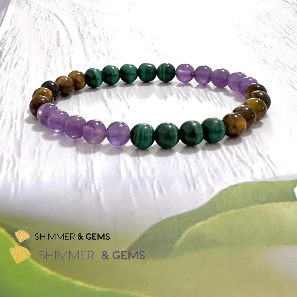 Career & Success Luck Remedy Bracelet 6mm (Amethyst Tiger’s Eye & Malachite) 5.5”