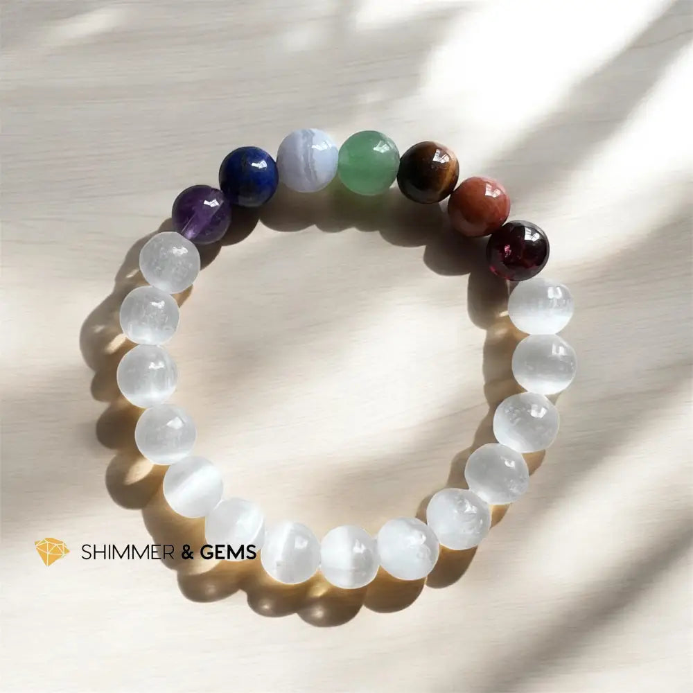 Chakra With Selenite Bracelet 8mm (Lapis-Lazuli Blue Lace Agate Citrine Coral Amethyst Garnet Green Aventurine) 5.5”