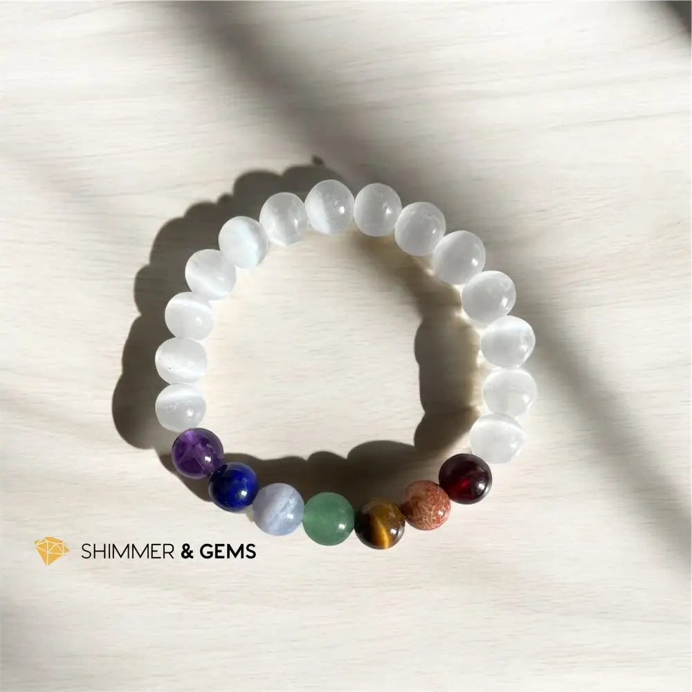 Chakra With Selenite Bracelet 8mm (Lapis-Lazuli Blue Lace Agate Citrine Coral Amethyst Garnet Green Aventurine)