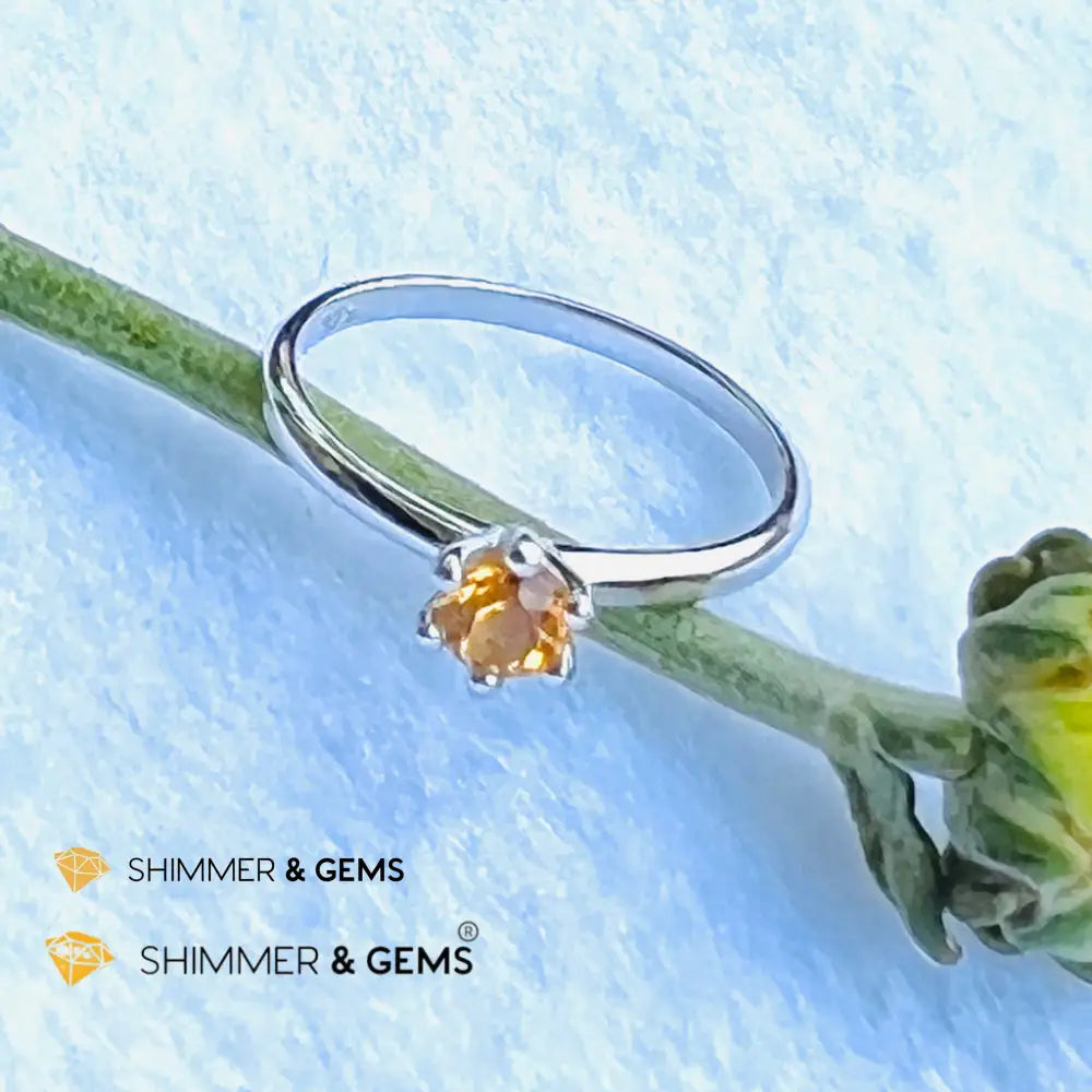 Citrine 4mm Blooming Flower 925 Silver Ring (Wealth) US 6 Rings