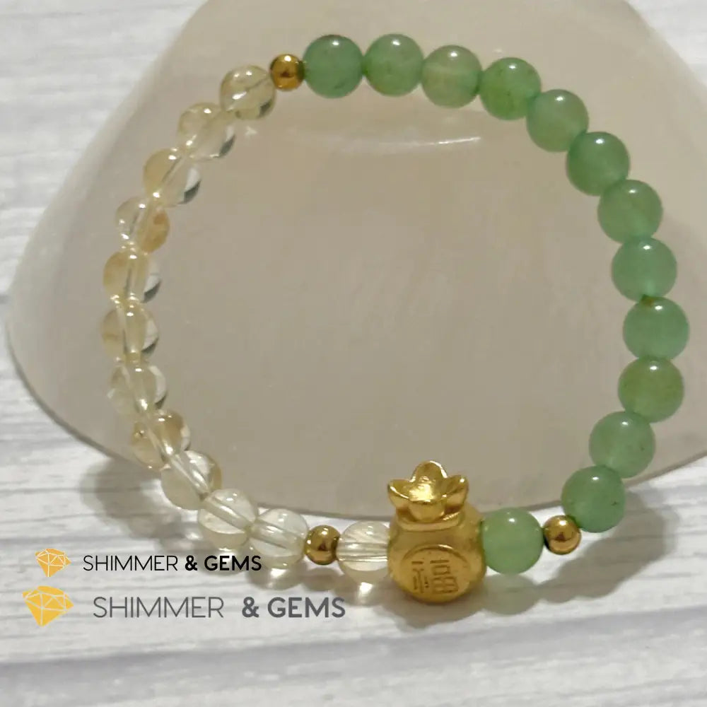 Citrine and Aventurine Money Bag Bracelet 6mm (24K Gold Filled Brass) Bracelets