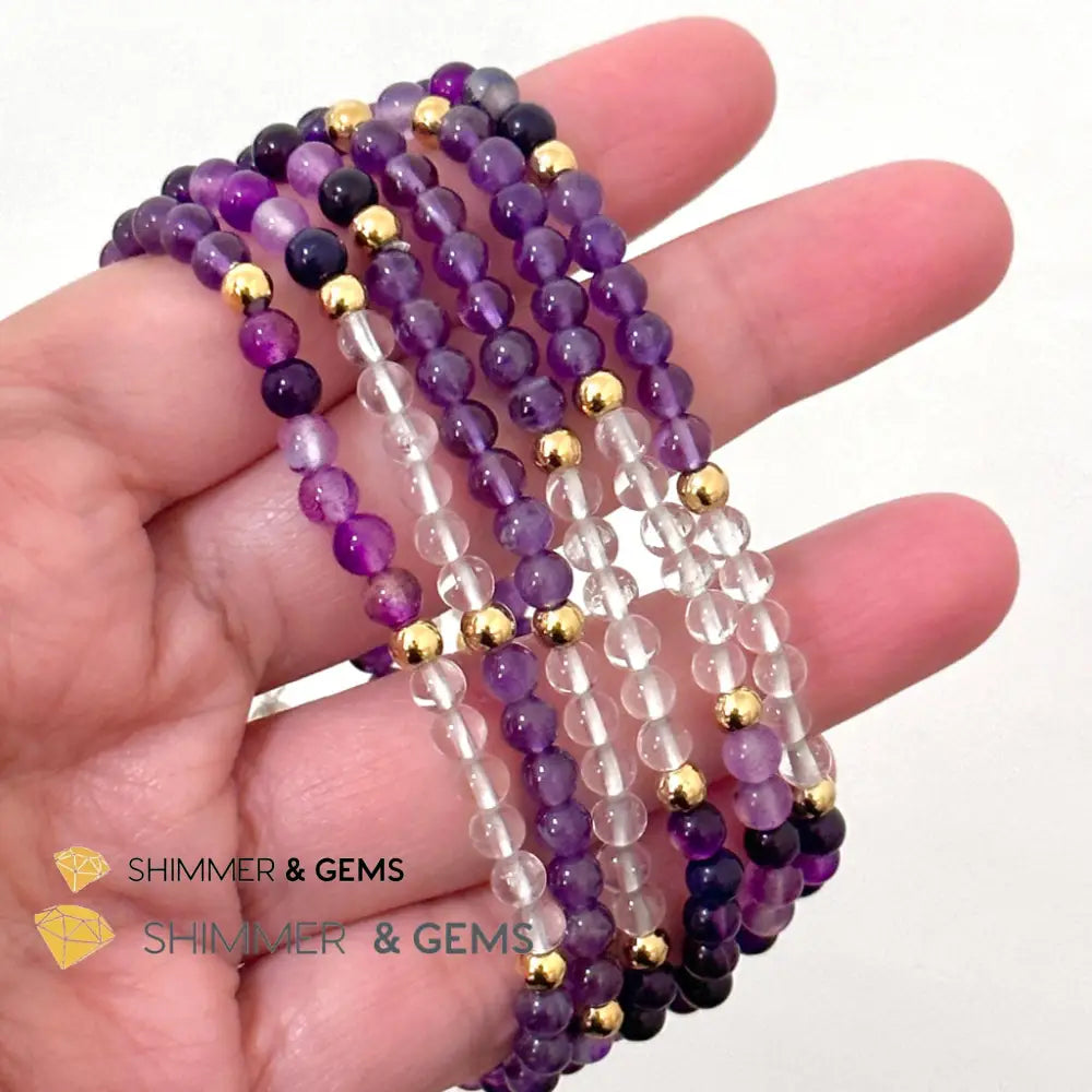 Crown Chakra Positivity Remedy Bracelet 4mm with stainless steel beads (Amethyst Clear Quartz & Purple Agate)