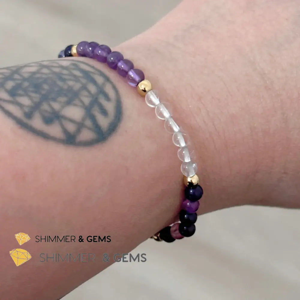 Crown Chakra Positivity Remedy Bracelet 4mm with stainless steel beads (Amethyst Clear Quartz & Purple Agate)