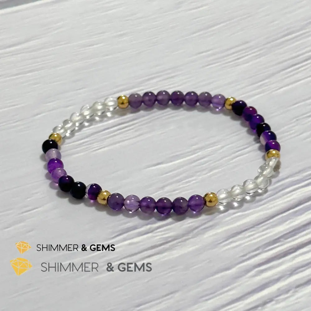 Crown Chakra Positivity Remedy Bracelet 4mm with stainless steel beads (Amethyst Clear Quartz & Purple Agate)