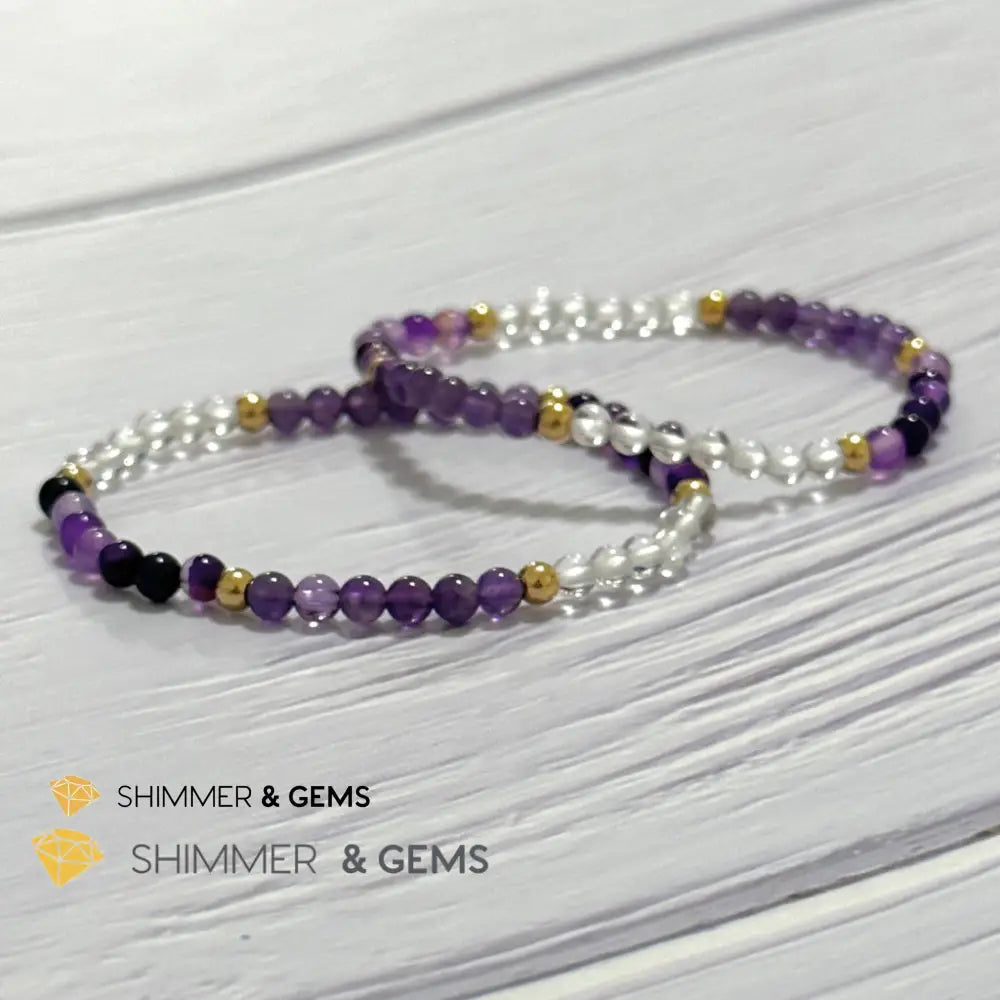 Crown Chakra Positivity Remedy Bracelet 4mm with stainless steel beads (Amethyst Clear Quartz & Purple Agate)