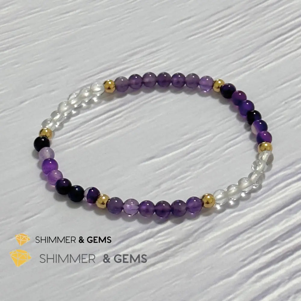 Crown Chakra Positivity Remedy Bracelet 4mm with stainless steel beads (Amethyst Clear Quartz & Purple Agate)