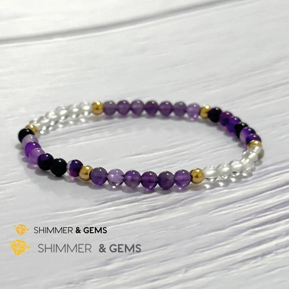 Crown Chakra Positivity Remedy Bracelet 4mm with stainless steel beads (Amethyst Clear Quartz & Purple Agate)