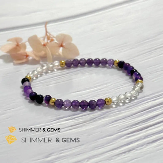 Crown Chakra Positivity Remedy Bracelet 4mm with stainless steel beads (Amethyst Clear Quartz & Purple Agate) 5.5”
