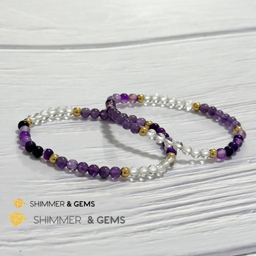 Crown Chakra Positivity Remedy Bracelet 4mm with stainless steel beads (Amethyst Clear Quartz & Purple Agate)