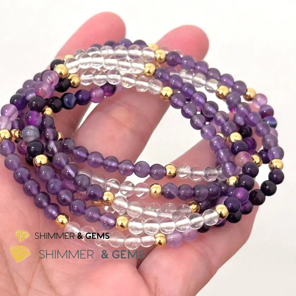 Crown Chakra Positivity Remedy Bracelet 4mm with stainless steel beads (Amethyst Clear Quartz & Purple Agate)