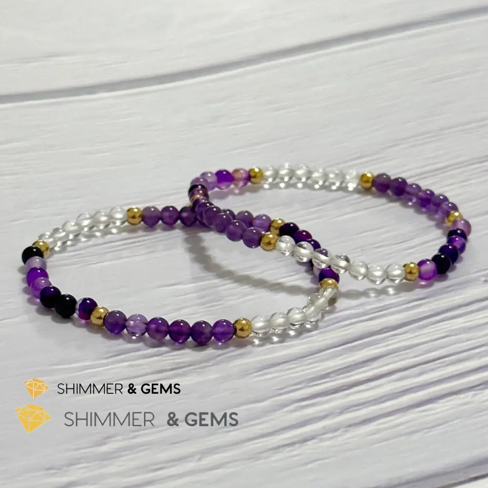 Crown Chakra Positivity Remedy Bracelet 4mm with stainless steel beads (Amethyst Clear Quartz & Purple Agate)