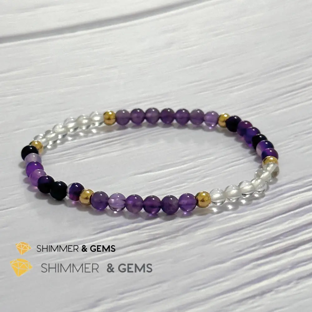 Crown Chakra Positivity Remedy Bracelet 4mm with stainless steel beads (Amethyst Clear Quartz & Purple Agate)