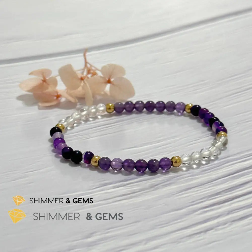 Crown Chakra Positivity Remedy Bracelet 4mm with stainless steel beads (Amethyst Clear Quartz & Purple Agate)