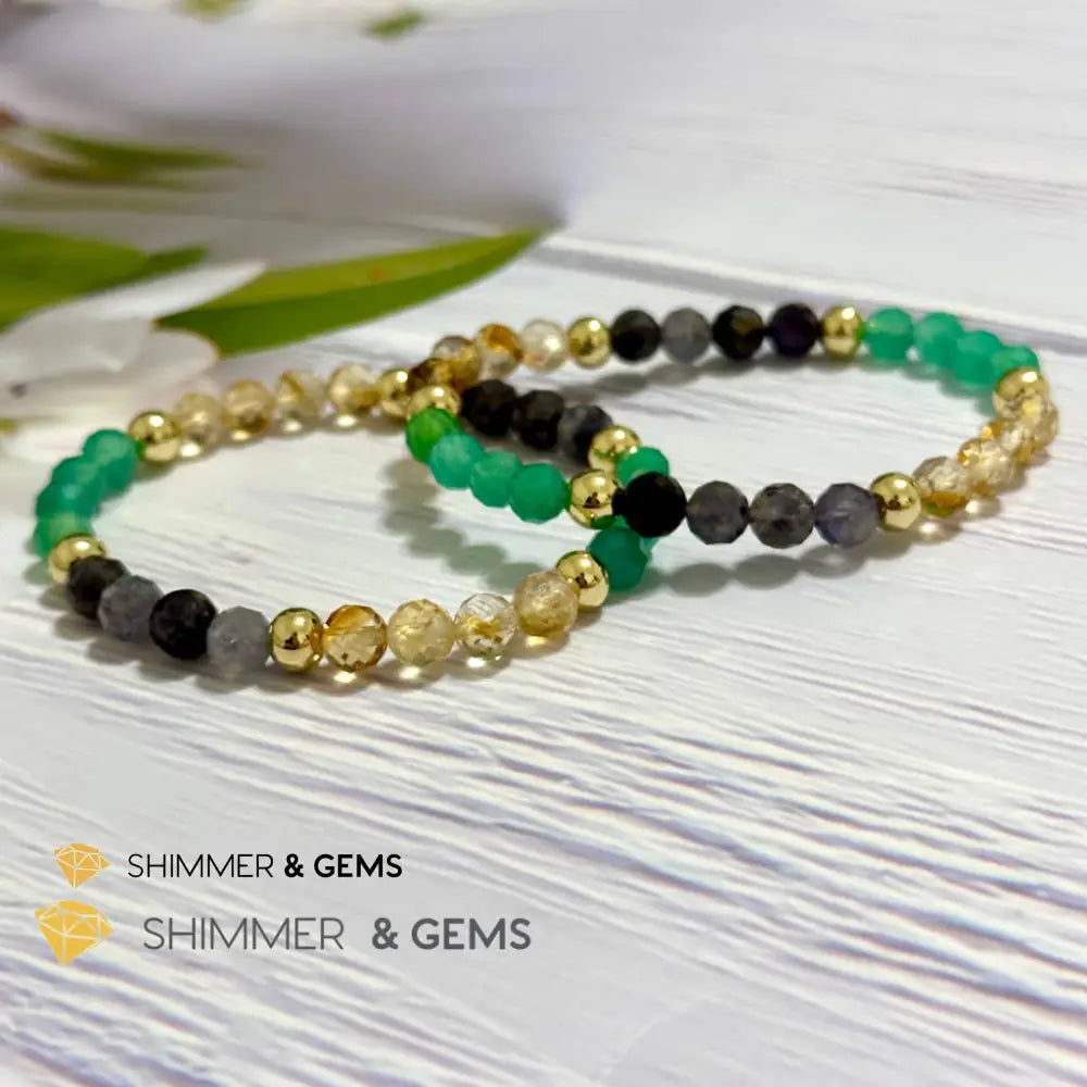 Debt-Free Remedy Bracelet (Iolite Green Agate Citrine 6mm with 14k gold filled beads)
