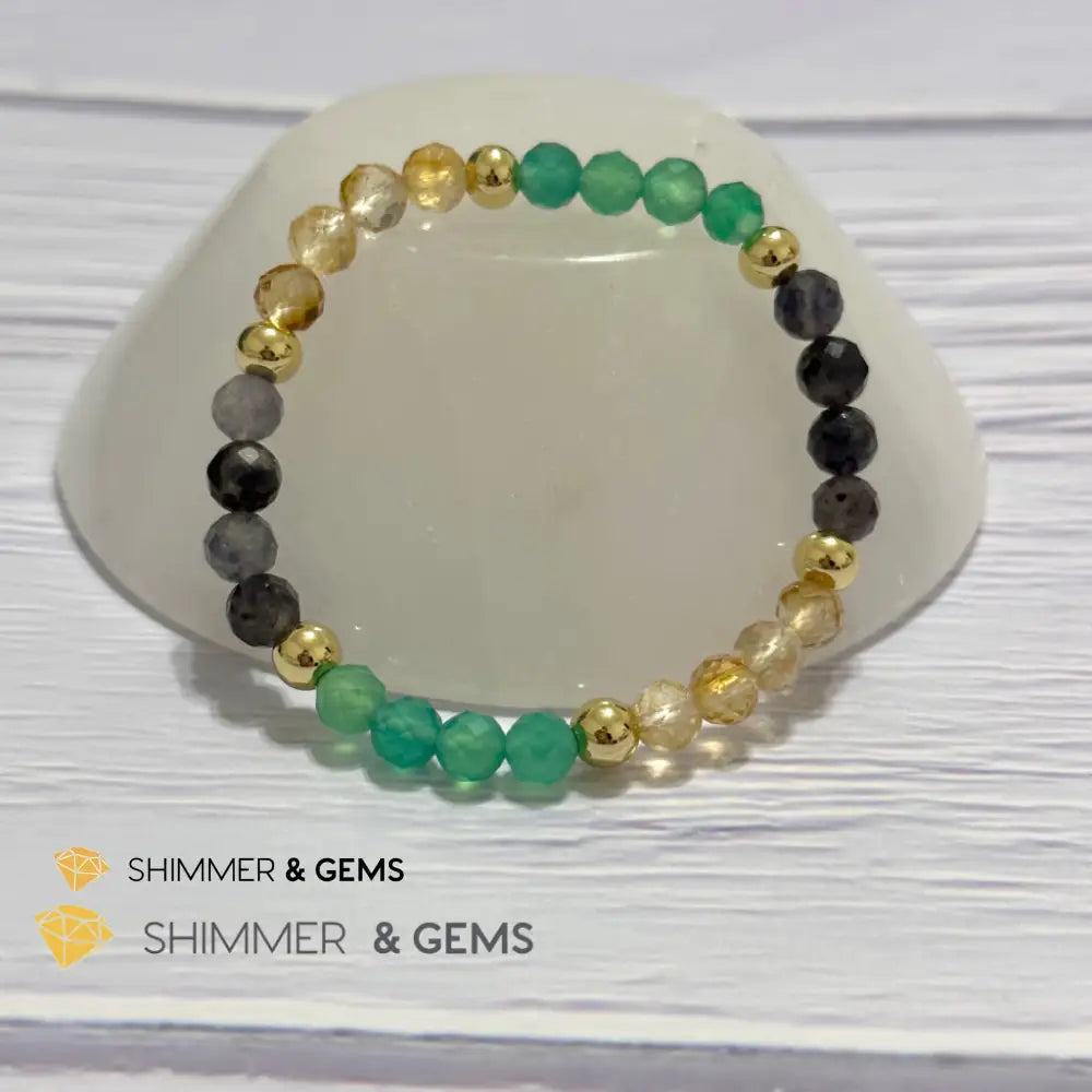 Debt-Free Remedy Bracelet (Iolite Green Agate Citrine 6mm with 14k gold filled beads)