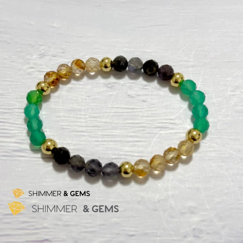 Debt-Free Remedy Bracelet (Iolite Green Agate Citrine 6mm with 14k gold filled beads)