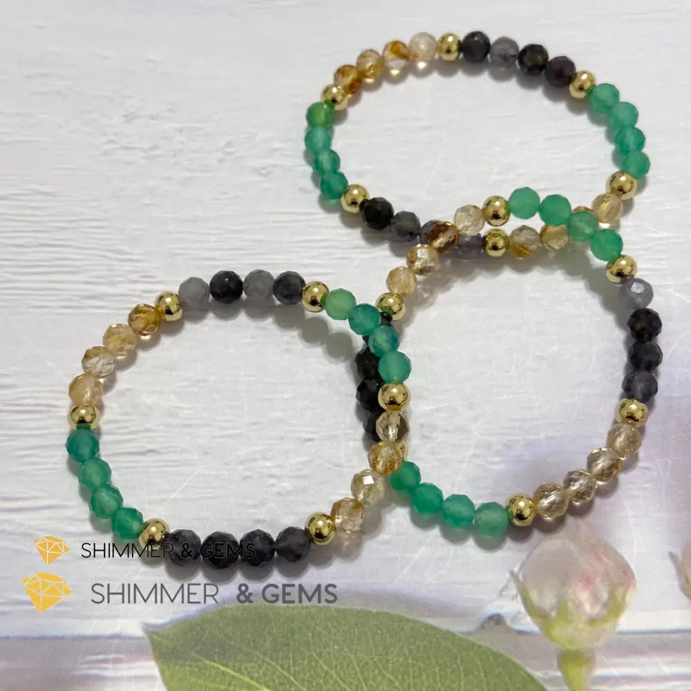 Debt-Free Remedy Bracelet (Iolite Green Agate Citrine 6mm with 14k gold filled beads)