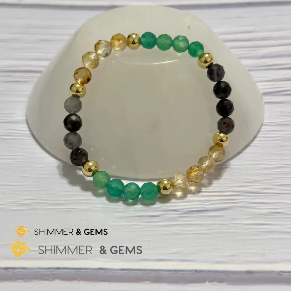 Debt-Free Remedy Bracelet (Iolite Green Agate Citrine 6mm with 14k gold filled beads)