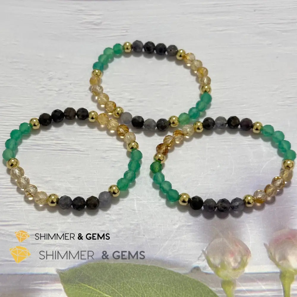 Debt-Free Remedy Bracelet (Iolite Green Agate Citrine 6mm with 14k gold filled beads)