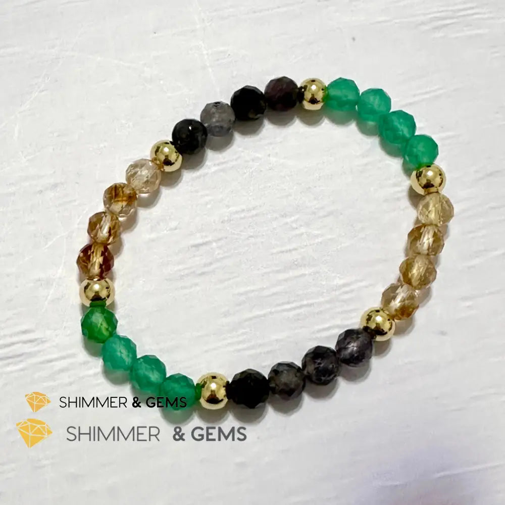 Debt-Free Remedy Bracelet (Iolite Green Agate Citrine 6mm with 14k gold filled beads)