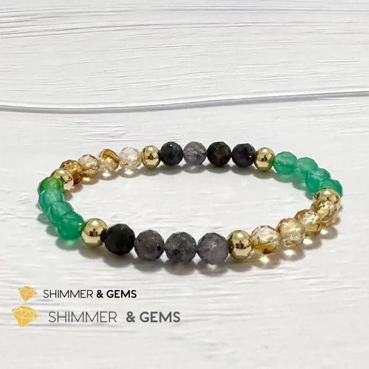 Debt-Free Remedy Bracelet (Iolite Green Agate Citrine 6mm with 14k gold filled beads) 5.5”