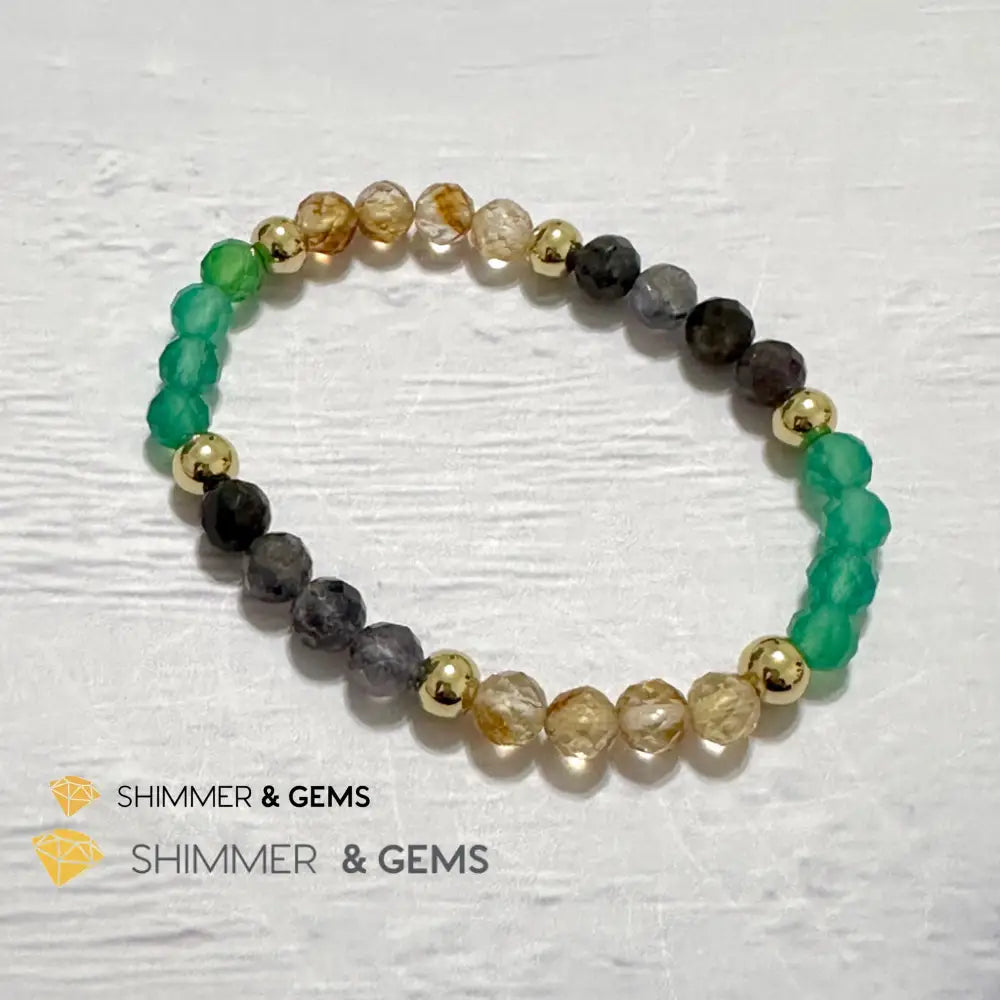 Debt-Free Remedy Bracelet (Iolite Green Agate Citrine 6mm with 14k gold filled beads)