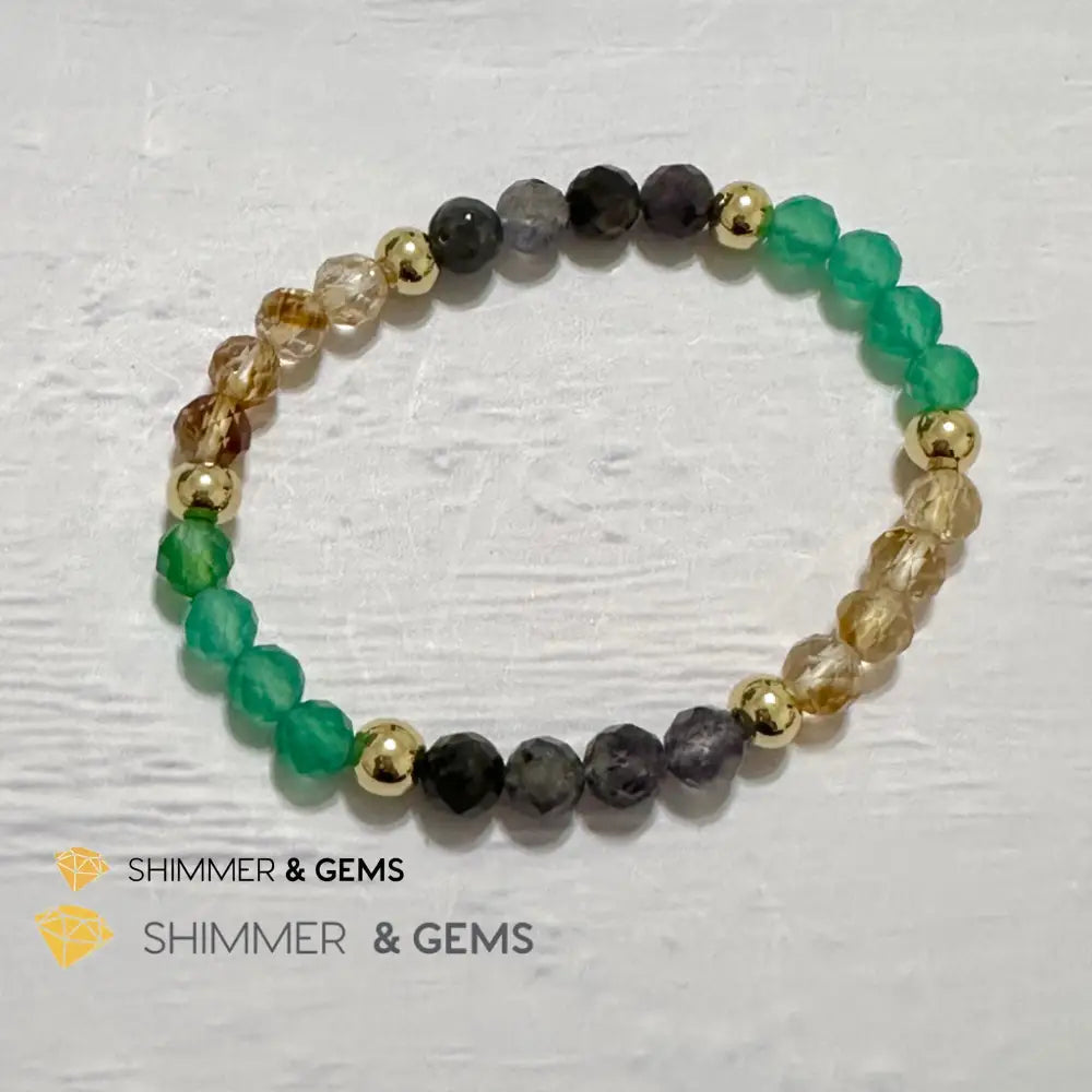 Debt-Free Remedy Bracelet (Iolite Green Agate Citrine 6mm with 14k gold filled beads)