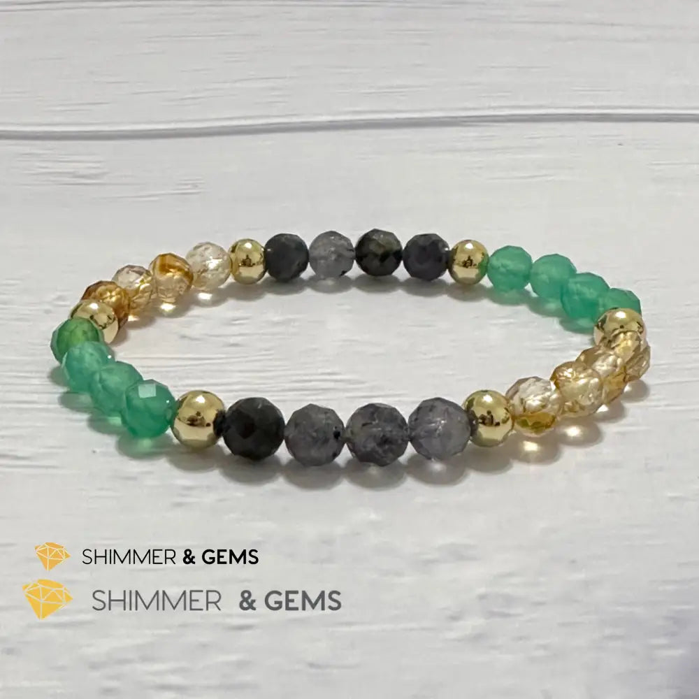 Debt-Free Remedy Bracelet (Iolite Green Agate Citrine 6mm with 14k gold filled beads)