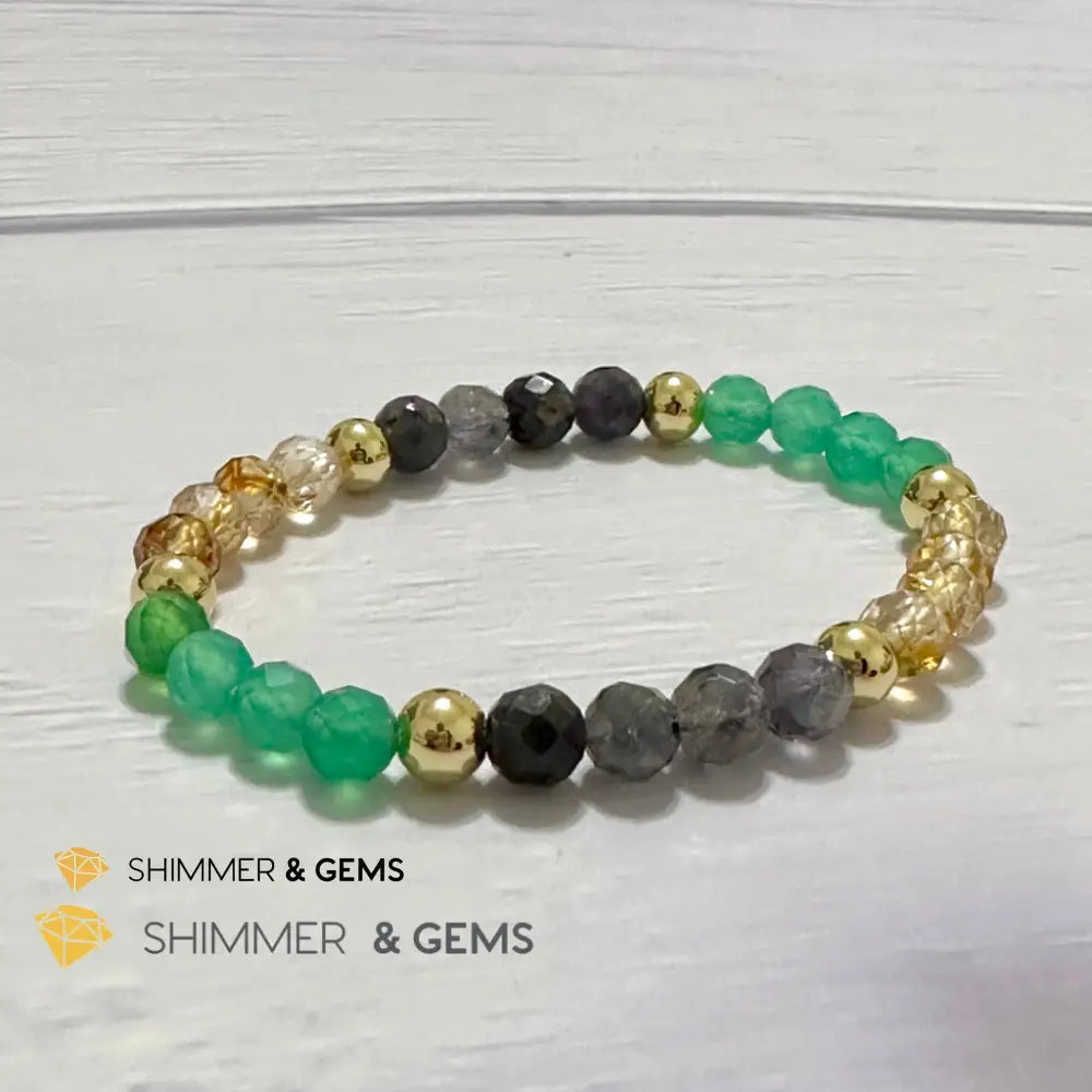 Debt-Free Remedy Bracelet (Iolite Green Agate Citrine 6mm with 14k gold filled beads)