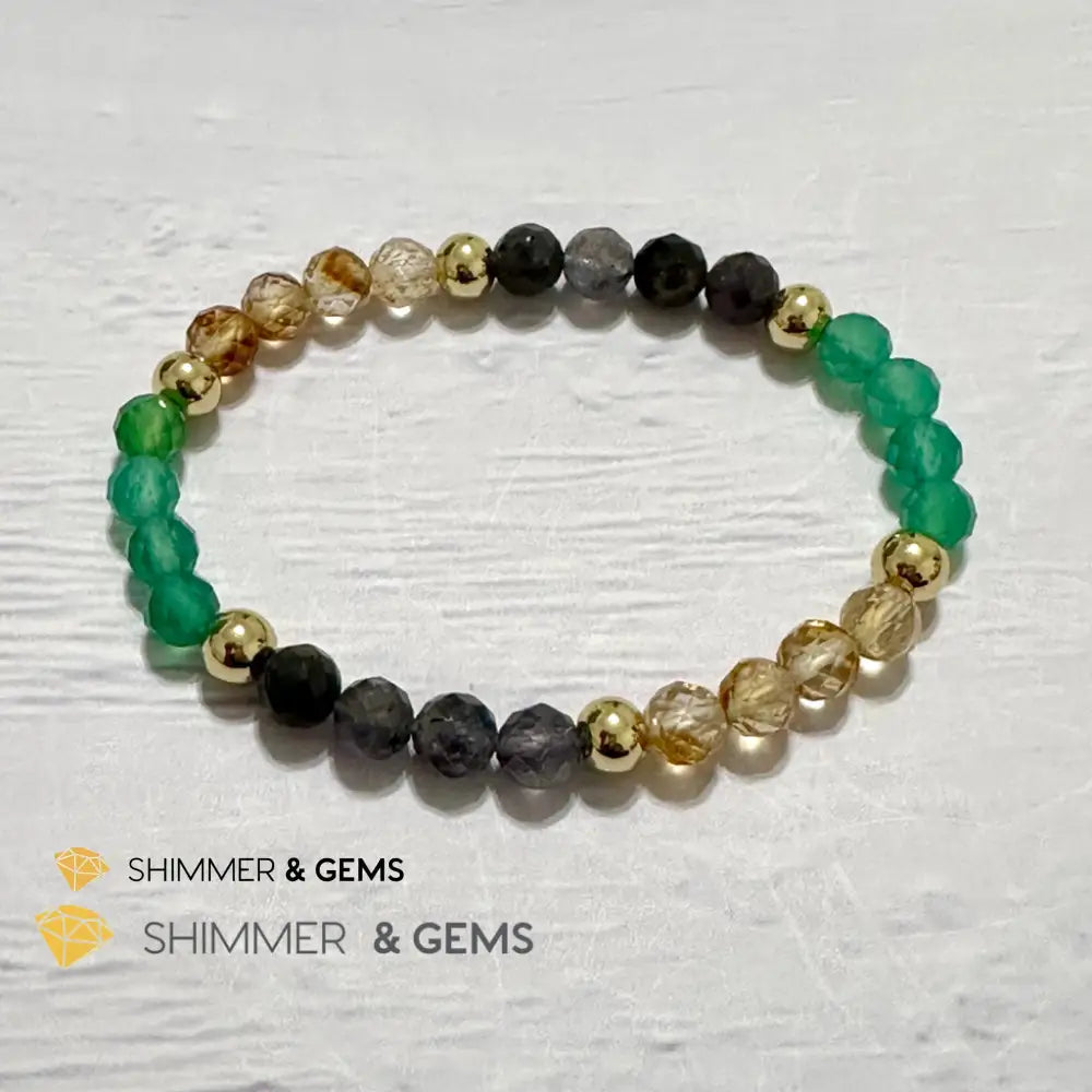 Debt-Free Remedy Bracelet (Iolite Green Agate Citrine 6mm with 14k gold filled beads)