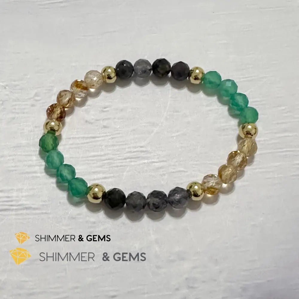 Debt-Free Remedy Bracelet (Iolite Green Agate Citrine 6mm with 14k gold filled beads)