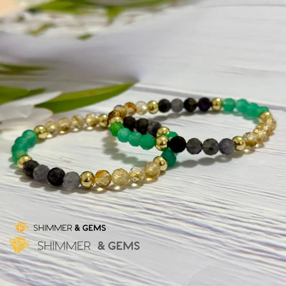 Debt-Free Remedy Bracelet (Iolite Green Agate Citrine 6mm with 14k gold filled beads)